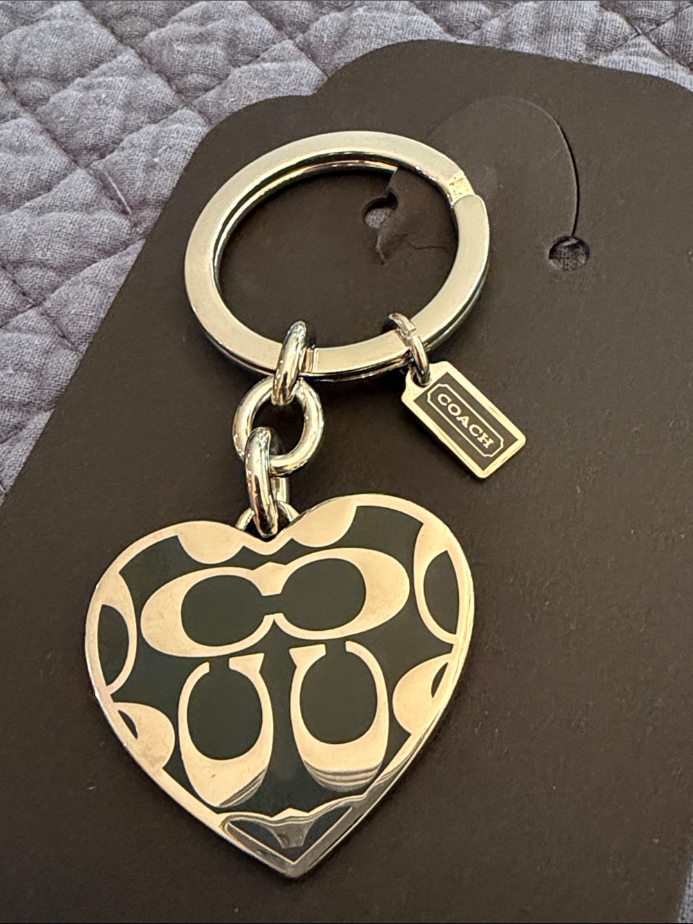 Coach Black and Silver Signature Heart Key Fob